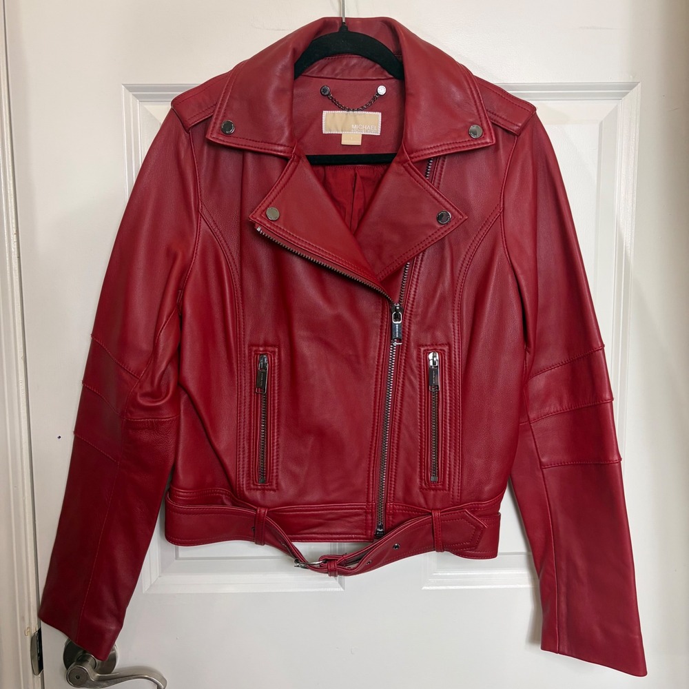 Michael Michael Kors Red Leather Moto Biker Jacket Small Belted Quilted